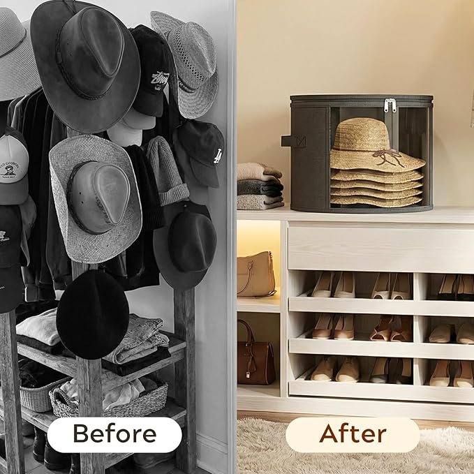 Ofiray-home 2 Pack Large Clear Hat Storage Boxes, Hold up to 7-9 Hats, Hat Organizer for Closet, Sturdy & Foldable, Hat Box with Carrying Handles for Round Brim, Wide-Brim, Cowboy, Sun Hat (Gray)