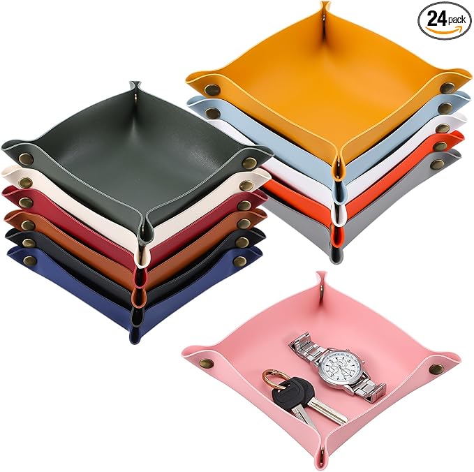 JIEYAO 24 Pcs PU Leather Valet Trays, Foldable Key Jewelry Catchall Tray Portable Travel Dish Plate for Entryway Desk Bedside Wallet Watch Coin Multicolor