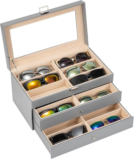 ProCase 3-layer Sunglasses Storage Organizer, 18 Slots Leather Sunglass Box Multiple Pairs Eyeglass Cases Eye Glass Eyewear Display Holder for Men Women, Father's Day Gift -Grey