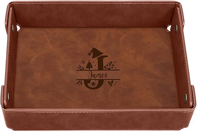 Engraved Christmas Light Coffee Leather Valet Tray – Personalized Rectangle Catchall Organizer for Wallet, Keys & Jewelry – Gift for Men, Dad, Couples – Dresser Top or Coffee Table Decor