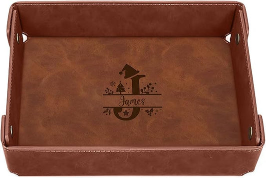 Engraved Christmas Light Coffee Leather Valet Tray – Personalized Rectangle Catchall Organizer for Wallet, Keys & Jewelry – Gift for Men, Dad, Couples – Dresser Top or Coffee Table Decor