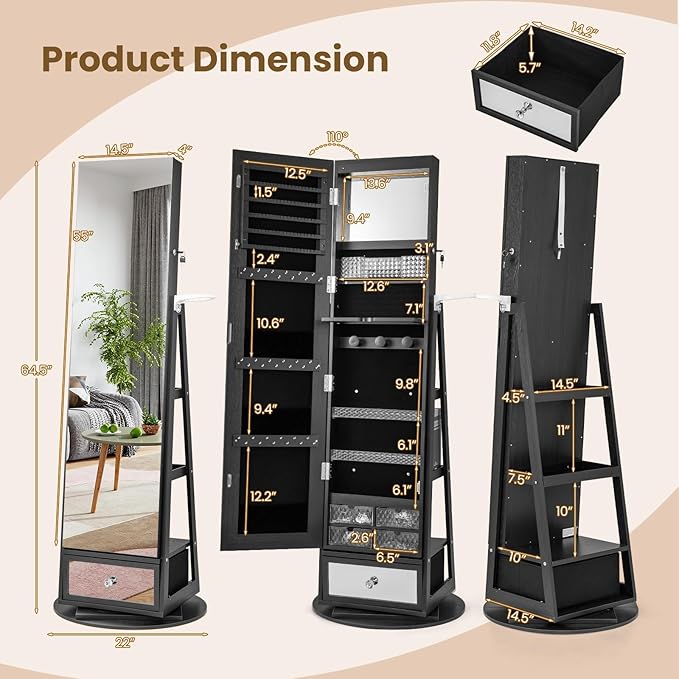 CHARMAID 360° Swivel Jewelry Cabinet Armoire 64.5" H, Full Length Mirror with Jewelry Storage, 6 LEDs Lockable Jewelry Organizer, Rear Storage Shelves, Large Drawer, Hairdryer Holder (Black)
