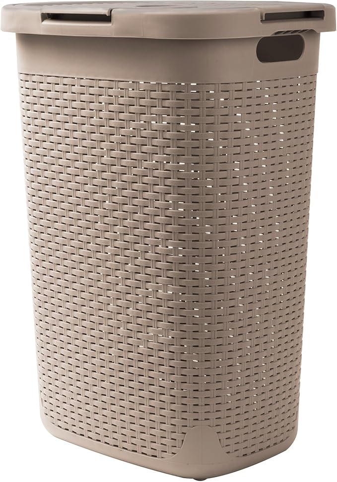 Mind Reader Slim Laundry Hamper with Lid, 60L Clothes Basket, Premium Wicker Design, Plastic, Tan