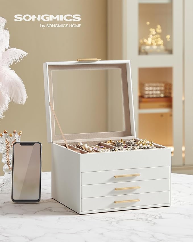 SONGMICS Jewelry Box Organizer with Glass Lid, 4-Layer Jewelry Storage, with 3 Drawers, Modern Style, 8 x 9.1 x 6.5 Inches, Cloud White and Gold Color UJBC173W01