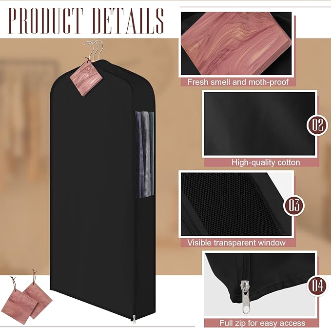Cotton Garment Bag for Hanging Clothes and Storage with Cedar Blocks for Fresh Smell and Moth Protection Sandpaper for Suit Fur Coat Jacket Sweater(40 x 24 x 6 Inch,Black,1 Set)