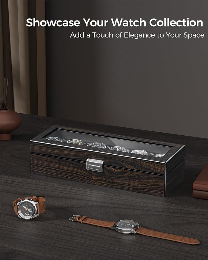 ANWBROAD Watch Box for Men, 6 Slot Watch Case with Glass Lid, Watch Display Case Watch Holder Organizer for Men, Watch Storage Box with 6 Slot, UJWB006E