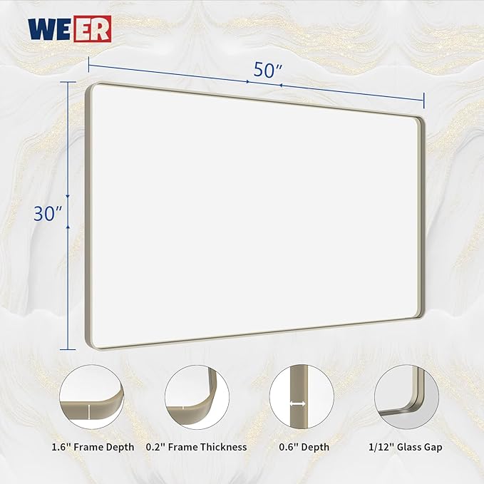 WEER 50X30 Inch Brushed Nickel Bathroom Mirror, Brushed Silver Metal Frame Mirror, Rounded Rectangle Silver Bathroom Vanity Mirror, Tempered Glass, Anti-Rust, Hangs Horizontally or Vertically
