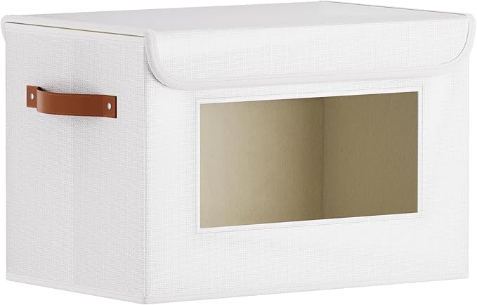 Fabric Storage Basket with Lid, 13 x 9.1 x 7.9 Inch Storage Box for Shelves with Handles, Decorative Linen Closet Organizer, White, 1-Pack