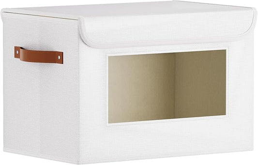 Fabric Storage Box, Storage Bin for Shelves Bedroom Office with Lid, Closet Organizer with Handles, White, 15 x 9.8 x 9.8 Inch, 1-Pack