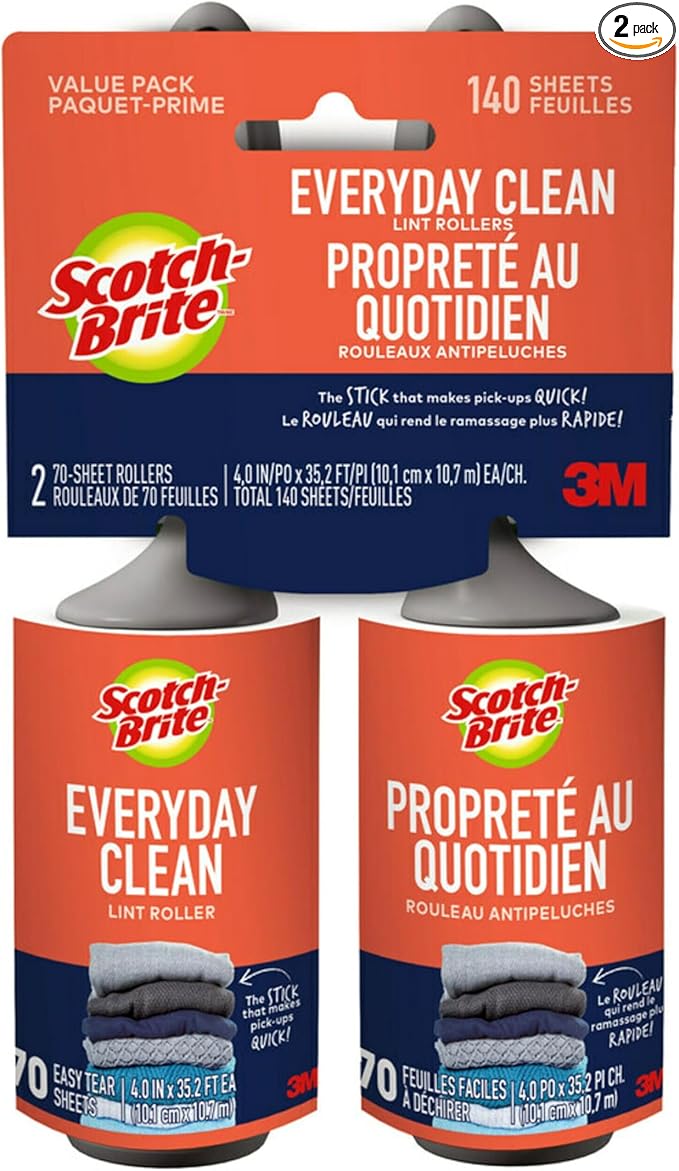 Scotch-Brite Everyday Clean Lint Roller, Lint Remover for Pet Hair, Dark Clothes, Furniture, and Dusty Surfaces, Picks Up Fur & Fluff in Your Home, Car, & Office, 2 Pack, 140 Adhesive Sheets Total