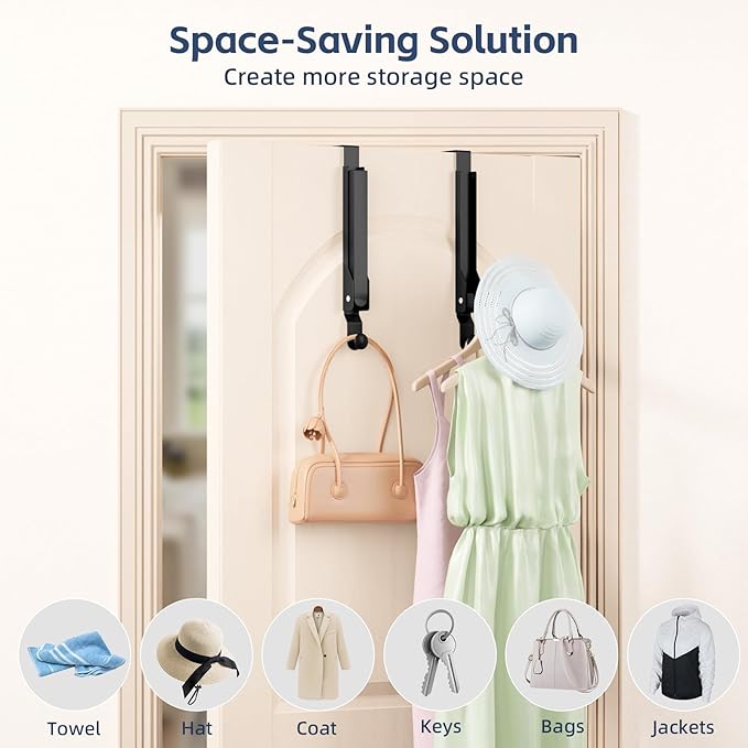 2 Pack Heavy Duty Over The Door Hooks, Over The Door Clothes Hanger, Over The Door Hanger, Foldable Over The Door Drying Rack for Laundry, Over Door Hook for Hanging Clothes,Rust-Resistant,Black