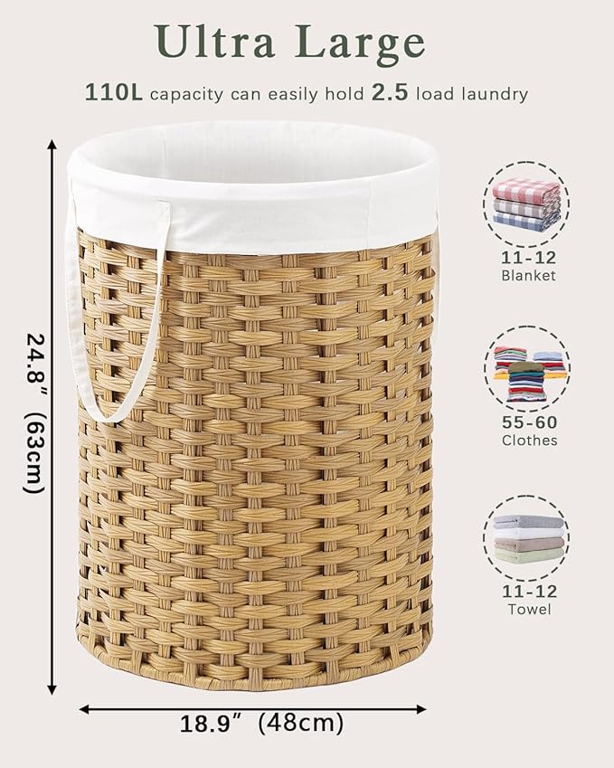 Laundry Basket Round Rattan Laundry Hamper 29.1 Gal(110 L)Handwoven Large Wicker Basket with Handles, Wicker Hamper with Removable Bags and 2 Mesh Bags for Bathroom Living Room Natural(No Lid)