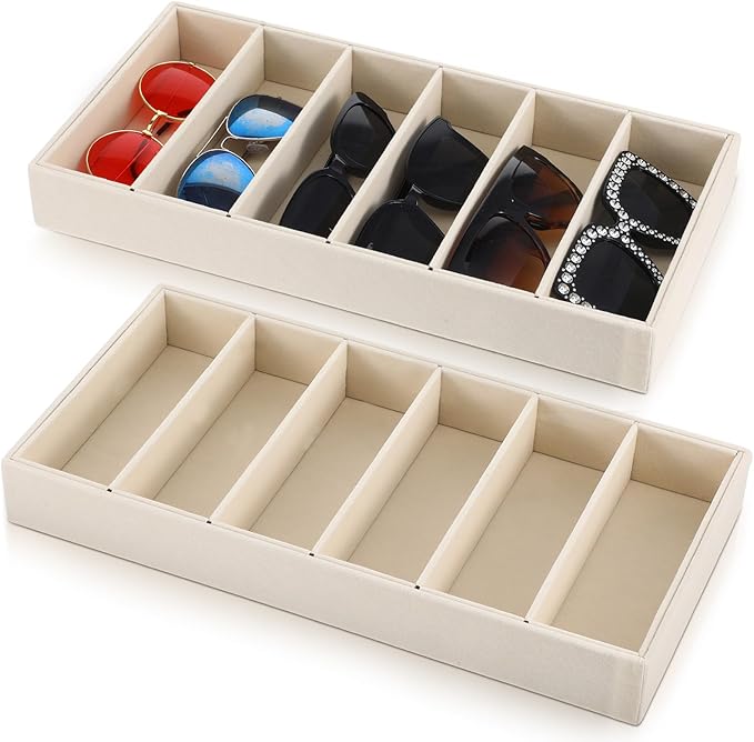 2 Pack Sunglasses Organizer Tray 6 Grid Jewelry Glasses Holder Storage Organizer Drawer Eyeglasses Sunglasses Display Velvet Tray for Women Glasses Jewelry Display Watch (Beige)