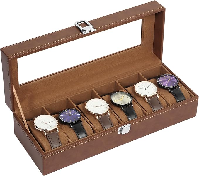 Uten 6 Slots Watch Box, PU Leather Watch Case with Glass Lid, Watch Holder Organizer with Soft Pillow and Velvet Lining, Watch and Jewelry Storage Box, Brown
