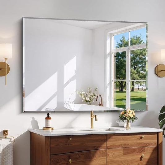 CILIBER Beveled Mirror, 36x48 Inch Large Frameless Bathroom Mirrors for Over Sink, Lightweight Design Beveled Frameless Vanity Mirror, Crystal-Clear 3mm Tempered Glass, Horizontally or Vertically