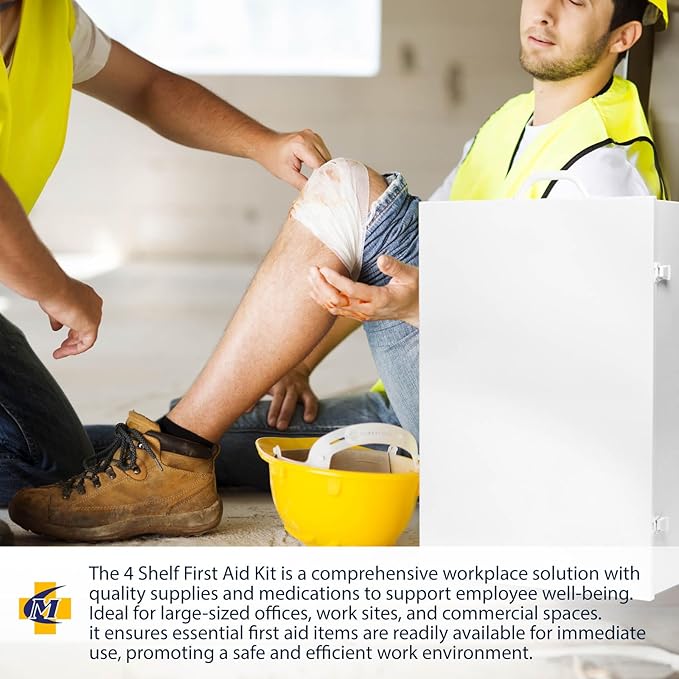 MFASCO Commercial Wall Mount 4 Shelf First Aid Kit - OSHA & ANSI Compliant, Refillable Metal First Aid Cabinet for Businesses, Large First Aid Kit Box for Office and Shop - No Label or Company Logo