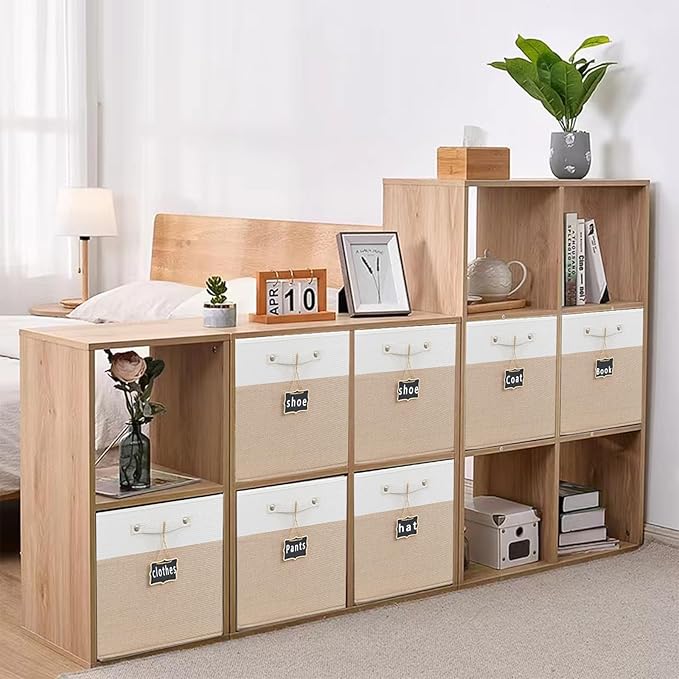 storage cubes 11x11x11Set of 4,Foldable Fabric Storage Cubes with Labels,Linen Cube Storage Organizer Bins Kallax Storage Cubes for Organizing Shelves Cabinet(White Khaki).