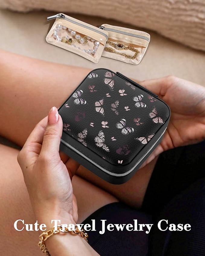 Bistup Travel Jewelry Case - Small Jewelry Organizers and Storage Box for Women Girls Teens Cute Traveling Jewelry Holder Mirror Little Tiny Compact Modern Unique Aesthetic Pretty, Black Butterfly