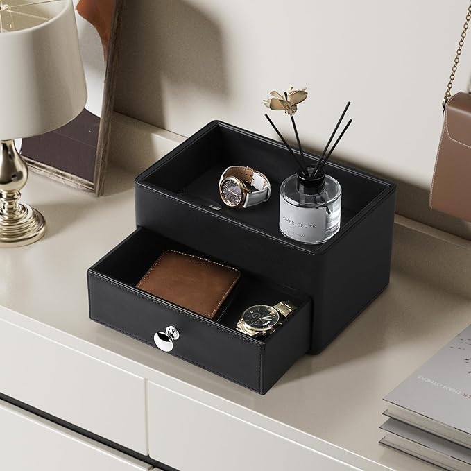 PU Leather Makeup Organizer with Drawer, Waterproof Cosmetic Storage Box, Multifunctional Nightstand Vanity Organizer for Skincare, Perfume, Jewelry, Bathroom Countertop (Black)