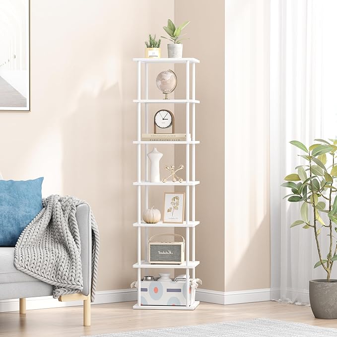 Vertical Tall Shoe Rack Organizer for Entryway -7 Tier Free Standing Slim Narrow Bamboo Wood Corner Stackable Shoe Boots Storage Stand Small Spaces for Closet Garage Cloakroom Living Room (White)