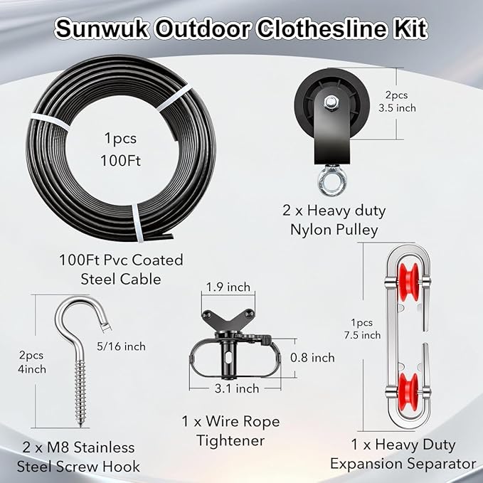 Clothesline Kit, Sunwuk Heavy Duty Clothesline Kit with 3/16" 100Ft PVC Coated Clothes Line Wires, Clothesline Nylon Pulley, Perfect for Drying Clothes Outside