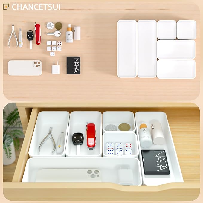 CHANCETSUI White Makeup Drawer Organizer for Vanity: Bathroom Cosmetic Organizers Trays and Storage, Stackable Plastic Drawers Organization.