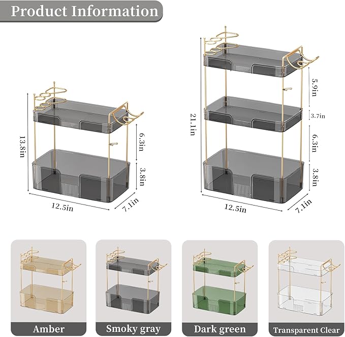 3 Tier Bathroom Organizer Countertop Makeup Perfume Tray Skincare Organizer Comes with Hair Dryer Rack and Toothbrush Holder for Bathroom Dresser Vanity (Grey)