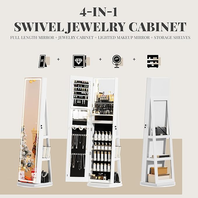 Mirror Jewelry Cabinet Standing, Jewelry Armoire with Full-Length LED Mirror and Adjustable Lights, 360° Swivel Jewelry Organizer Storage, White