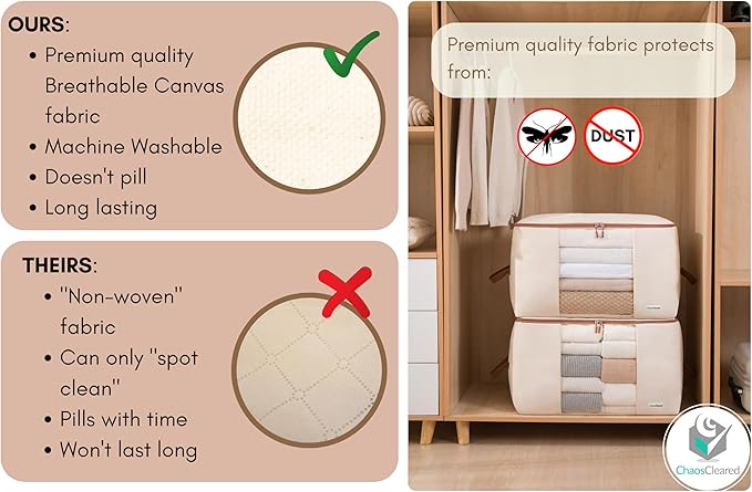 Canvas Storage Bags Designer Organizer for Comforters 2 Pack – Seasonal Storage for Pillows, Blankets, Linens & Garments – Foldable Design with Zip & Window, Moth-Proof Space Saver