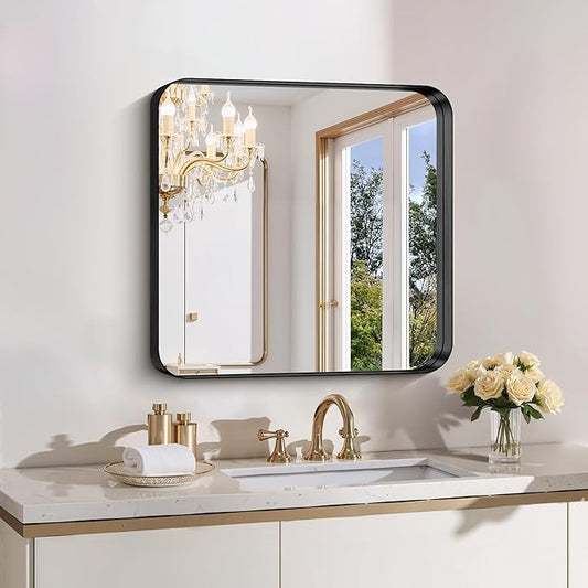FORBATH 24x24 Inch Bathroom Mirror for Wall, Black Metal Framed Vanity Mirrors for Over Sink,Rounded-Corner Rectangle Mirror for Bedroom Living Room Kitchen Entryway Hallway, Anti-Rust