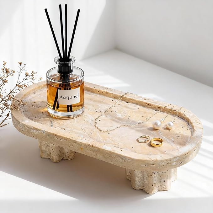 Natural Travertine Oval Tray with 2 Legs, 9.6"x4.7" Vanity Decorative for Countertop Ornaments, Catchall for Perfume, Candles, Jewelry Dish & Home Decor