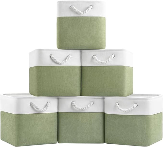 11 Inch Storage Cubes 6-Pack, Foldable Fabric Organizer Bins with Rope Handles, Cube Storage Baskets for Closet Shelves and Home Organization(White/Green)