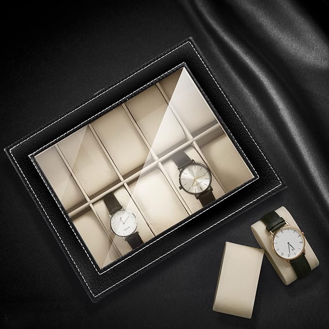 Uten Watch Box, 10 Slots Watch Case, Watch Box Organizer Jewelry Storage with Large Glass Lid, Watch Display Case, Watch Box for Men & Women