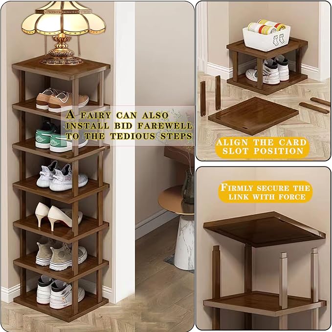 Vertical Shoe Rack-Tall Narrow Shoe Rack Organizer for Small Spaces,12Tier Bamboo Shoen Shelf for Entryway,Closet,Corner,Doorway,Skinny Shoe Shelf Space Saving Shoe storage,Free Stackable DIY