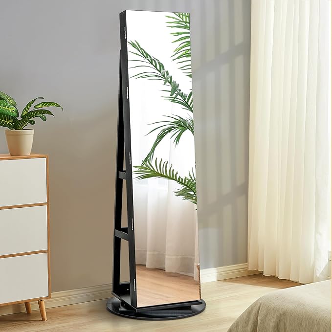 CHARMAID 360° Swivel Jewelry Armoire with Full Length Mirror, Rear Storage Shelves, Lockable Standing Jewelry Cabinet Organizer with Interior Vanity Mirror and 3-Color Lights (Black)