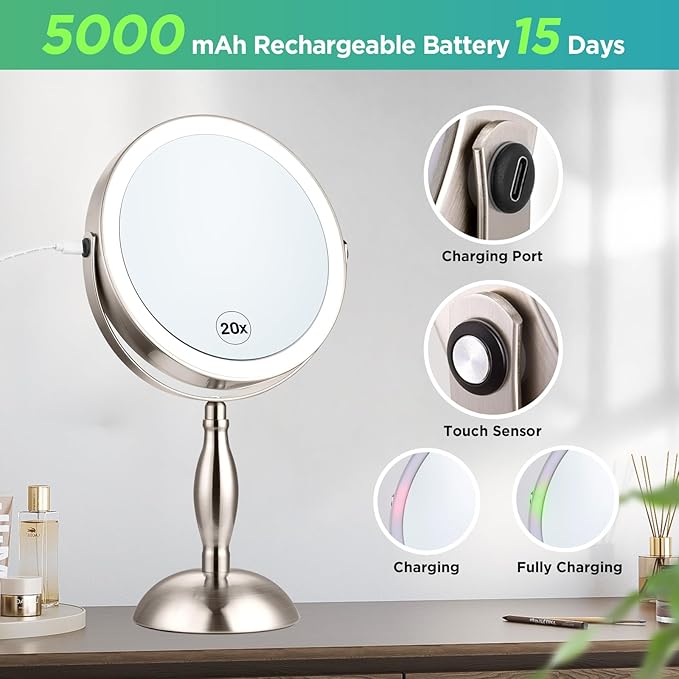 20x Magnifying Mirror with Light, 5000mAh Lighted Makeup Mirror with 3 Color Modes and Adjustable Brightness, Side Charging Port & SideTouch Sensor, 360° Rotation -Brushed Nickel