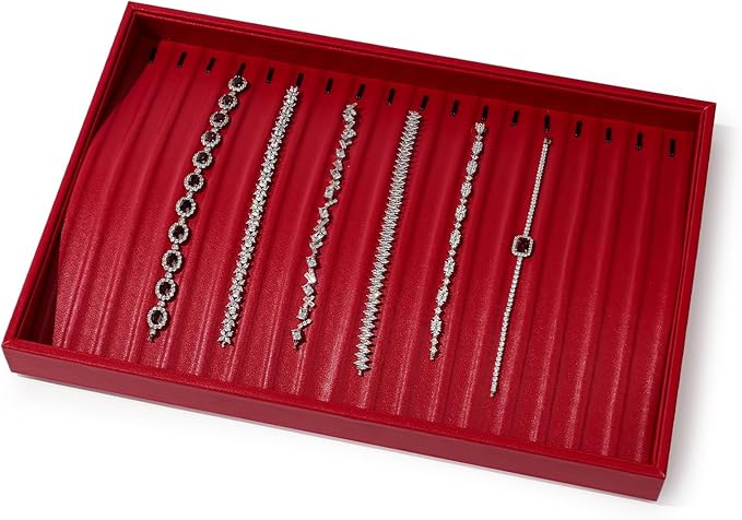 Luxury Leather Jewelry Tray Necklace Display Tray Jewelry Organizer Drawer Necklace Bracelet Holder Organizer Tray Stackable Jewelry Trays Necklace Bracelet Display Storage (Red)