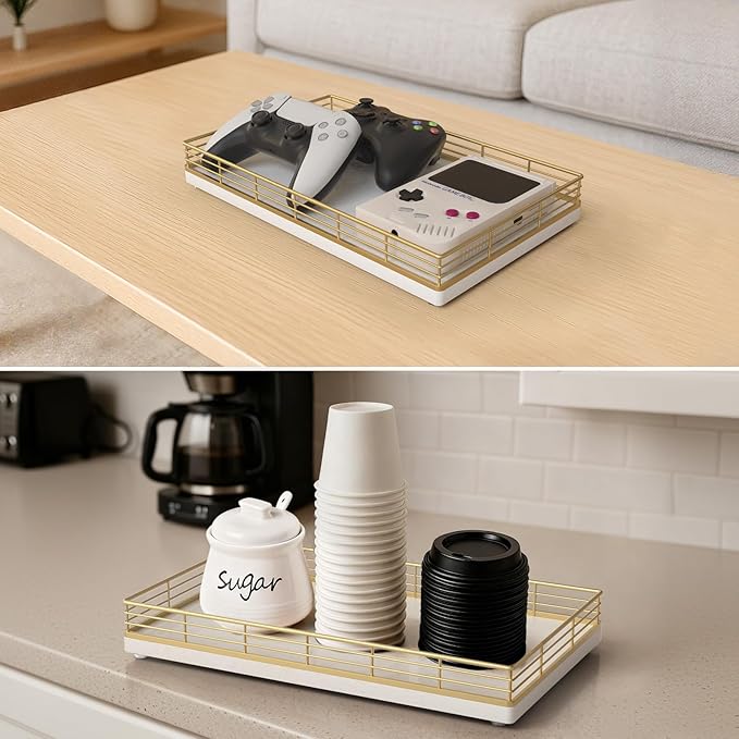 Large Bathroom Vanity Tray – 13" x 8" Oak Decorative Wooden Tray for Bathroom Countertop & Vanity Organizer, Wood Tray for Perfume, Skincare & Accessories Storage, Vanity Dresser Decor Gold & White