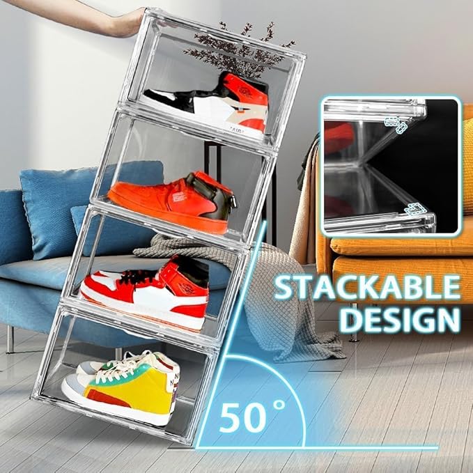 5 Pack Acrylic Shoe Box Size 14, Clear Plastic Stackable Sneaker Shoe Display Case Transparent Storage Bins Handbag Organizer Containers with Magnetic Lids, Figures Collectibles Showcase
