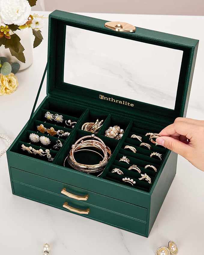 Jewelry Box with 2 Drawers: Display Organizer for Earrings Necklaces - Christmas Gifts for Girls Women (Forest Green)