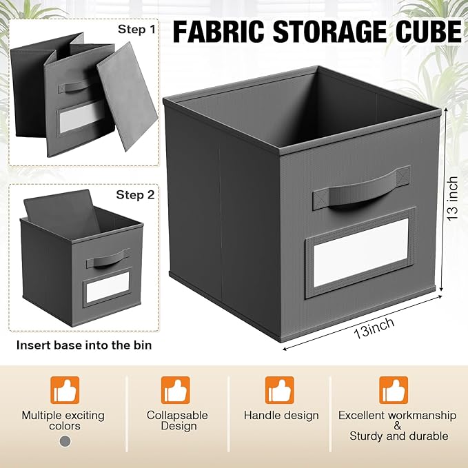 10 Pcs Fabric Storage Cubes with Labels 13 Inch Collapsible Cube Organizer Baskets with Window Cards for Shelf Nursery Clothes Book Toys Storage Bin(Gray)
