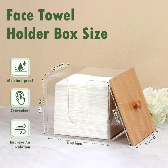 Clean Skin Club XL Acrylic Face Towel Container with Bamboo Lid - Dryer Sheet Holder for Bathroom & Laundry Room