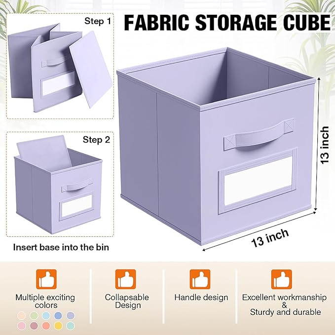 10 Pcs Fabric Storage Cubes with Labels 13 Inch Collapsible Cube Organizer Baskets with Window Cards for Shelf Nursery Clothes Book Toys Storage Bin(Macaroon)