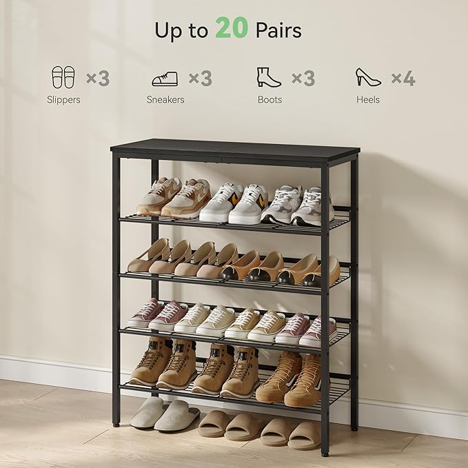 Shoe Rack for Closet,5 Tier Shoe Organizer for Entryway,Shoe Shelf with Storage Shelves and Spacious Top,Max Holds 20 of Shoes,Black
