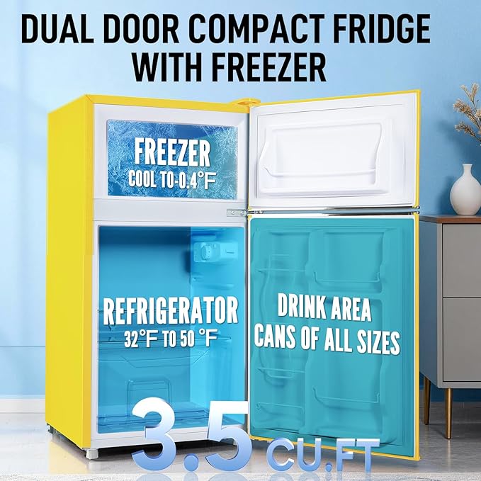 WANAI 2 Door 2 Handle Mini Refrigerator with Freezer-on-top, Spacious 3.5 Cubic Feet Capacity Small Fridge with 7-Level Adjustable Thermostat & 2 Removable Shelves Yellow