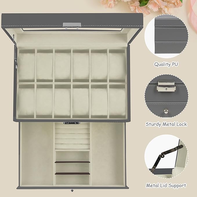 Ogrmar 12 Slot PU Leather Lockable Watch Storage Boxes, Men & Women Jewelry Display Drawer Case, 2-tier Organizer Watch Showcase with Glass Lid (Grey)
