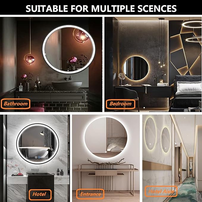 LED Bathroom Mirror with Lights 24'' Round Black Frame Vanity Mirror with Touch Lights Wall Mounted Mirror for 3Colors Dimmable Anti-Fog Memory Smart Light up Makeup Mirror Large Circle Wall Mirror