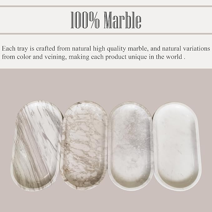Denique Natural Marble Bathroom Tray, 12"x6" Vanity Tray White Marble Decorative Tray, Countertop Organizer for Perfume & Candles, Jewelry Dish Ring Holder for Bathroom Counter, Vanity, Dresser