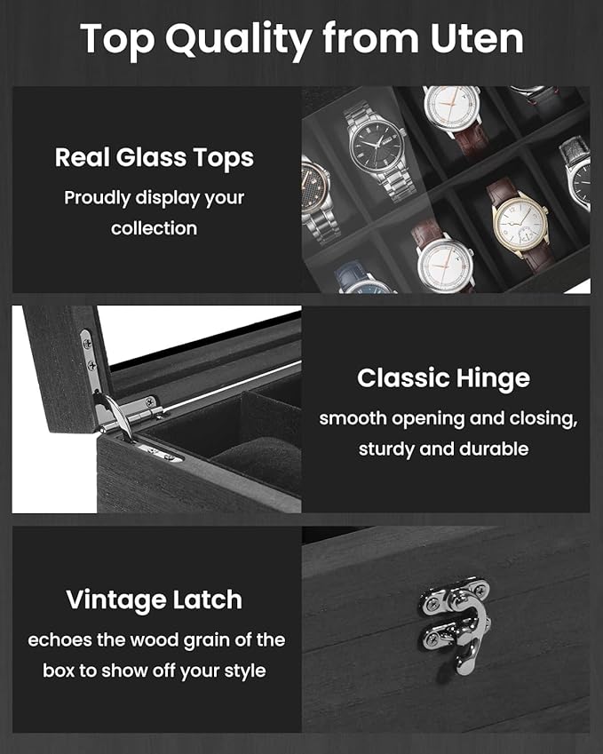 Uten 8-Slot Watch Box, 2-Layers Solid Wood Watch Display Case with Glass Lid, Watch Holder Organizer with Soft Pillow and Velvet Lining, Watch and Jewelry Storage Box, Black