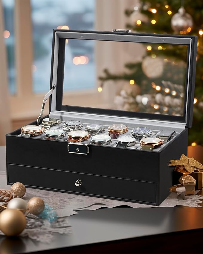 GUKA Watch Box 12 Slot Watch Display Organizer Leather Jewelry Case Drawer Glass Birthday for Men Women, Child Husband Dad GK-012BKGREY-LED-24